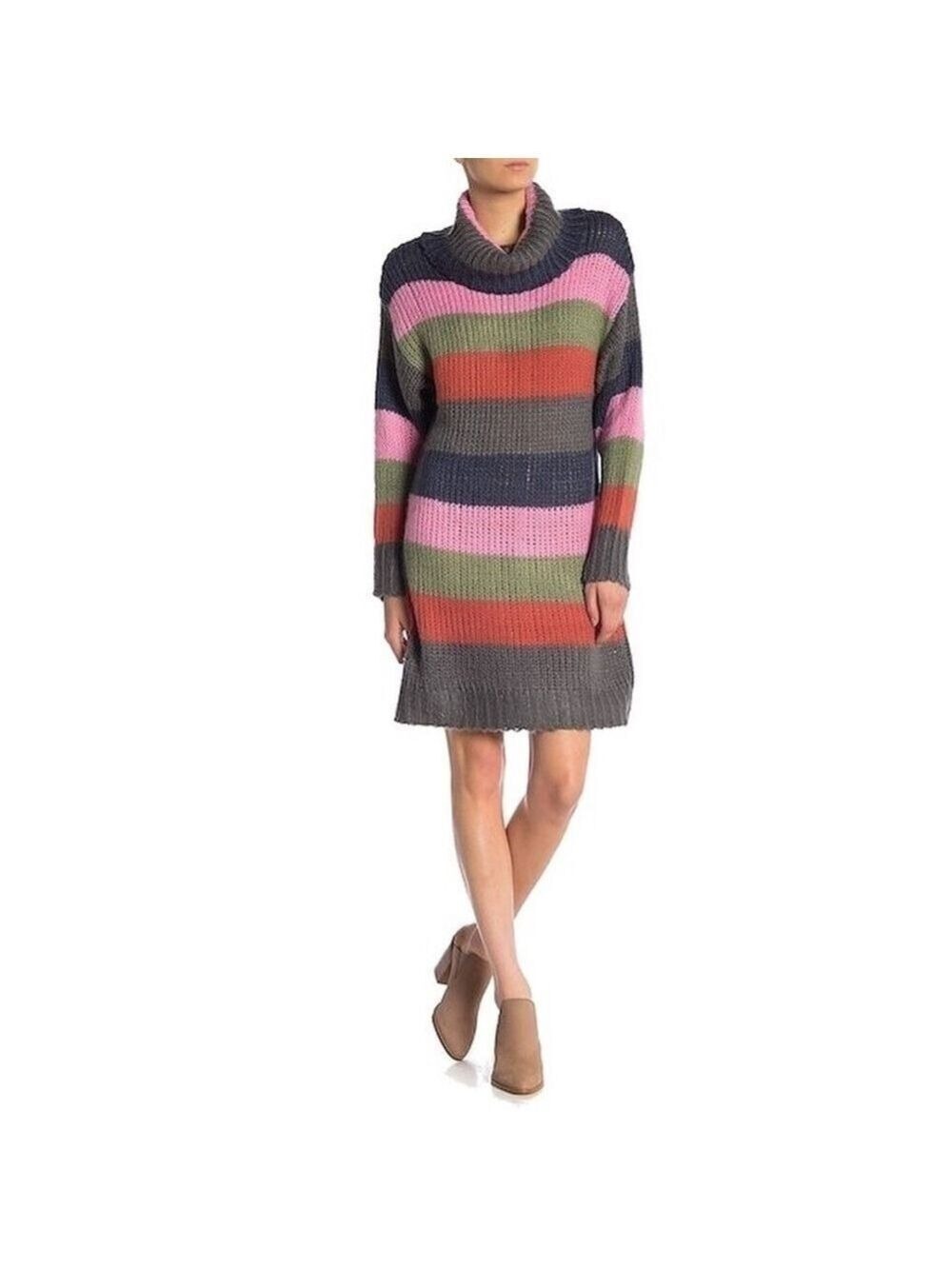 𝅺New-Solutions Cowl Neck, Color Block, Ultra Soft, Relax Knit Sweater Dress MD